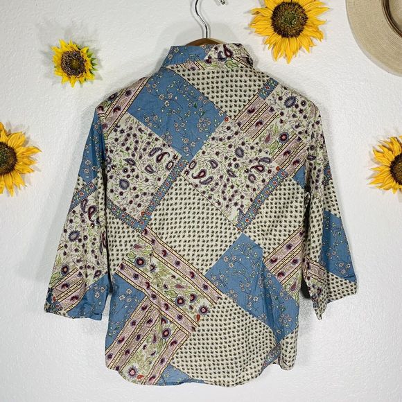 Lemon Grass Floral Paisley 3/4 Sleeved Button Up Cotton Blouse Size Medium Women - Picture 6 of 7